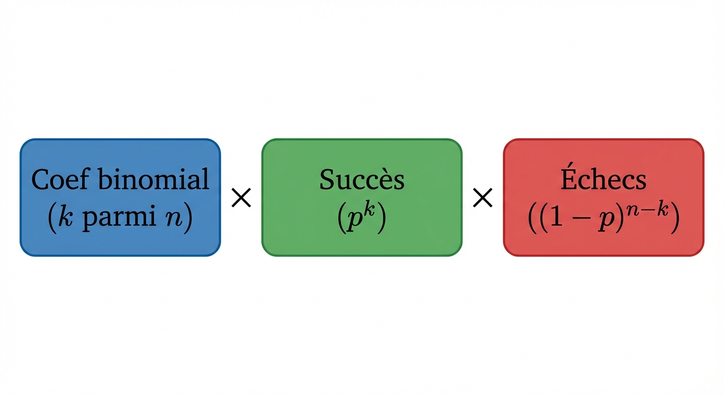 Image pédagogique sur fond blanc montrant la formule décomposée en trois blocs colorés. Bloc 1 bleu : 'Coef binomial (k parmi n)'. Bloc 2 vert : 'Succès (p^k)'. Bloc 3 rouge : 'Échecs ((1-p)^(n-k))'. Des signes de multiplication relient les blocs.