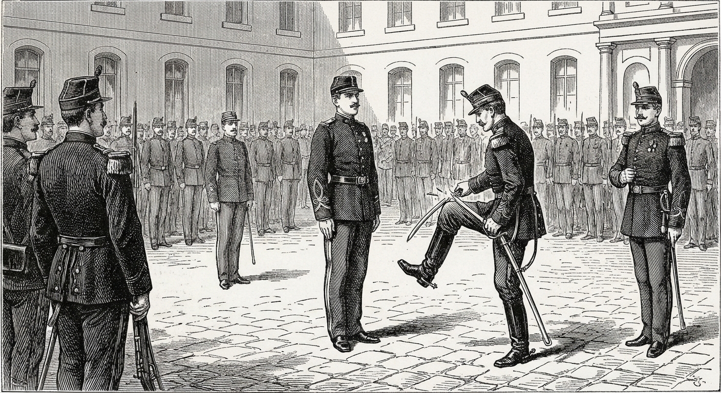 Dessin historique en noir et blanc : cour de l'École militaire. Au centre, Alfred Dreyfus au garde-à-vous. Un officier brise une épée sur son genou. Des soldats regardent au fond.
