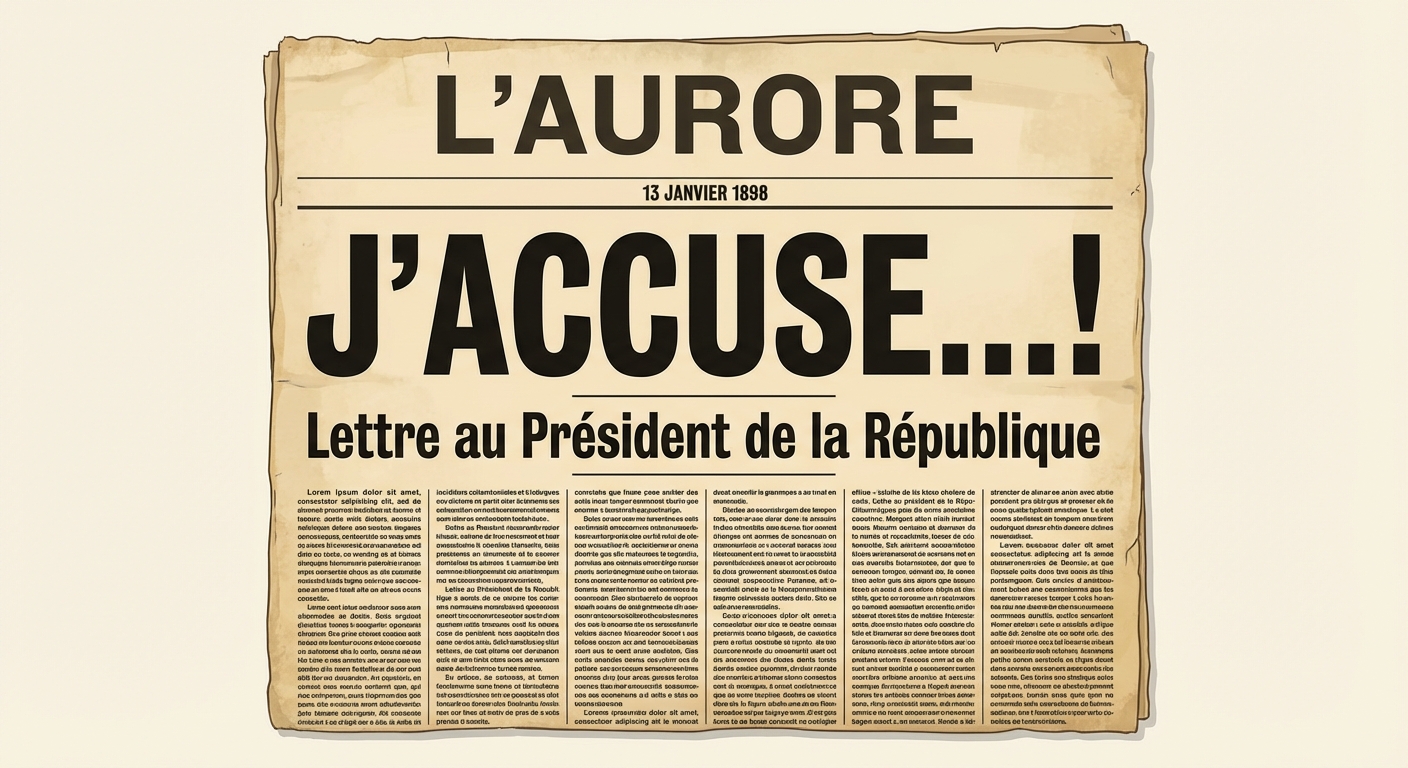 Gros plan sur la une du journal L'Aurore du 13 janvier 1898. Titre immense en gras : J'ACCUSE...!. Texte dense en dessous. Papier jauni.