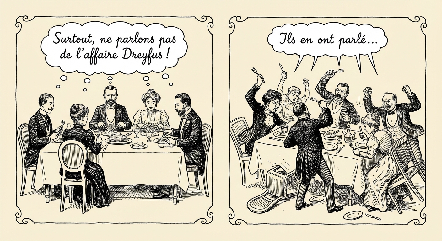 Caricature style Caran d'Ache. Deux cases. Case 1: famille bourgeoise dîne calmement, légende 'Surtout, ne parlons pas de l'affaire Dreyfus !'. Case 2: table renversée, bagarre générale violente, fourchettes en l'air, légende 'Ils en ont parlé...'