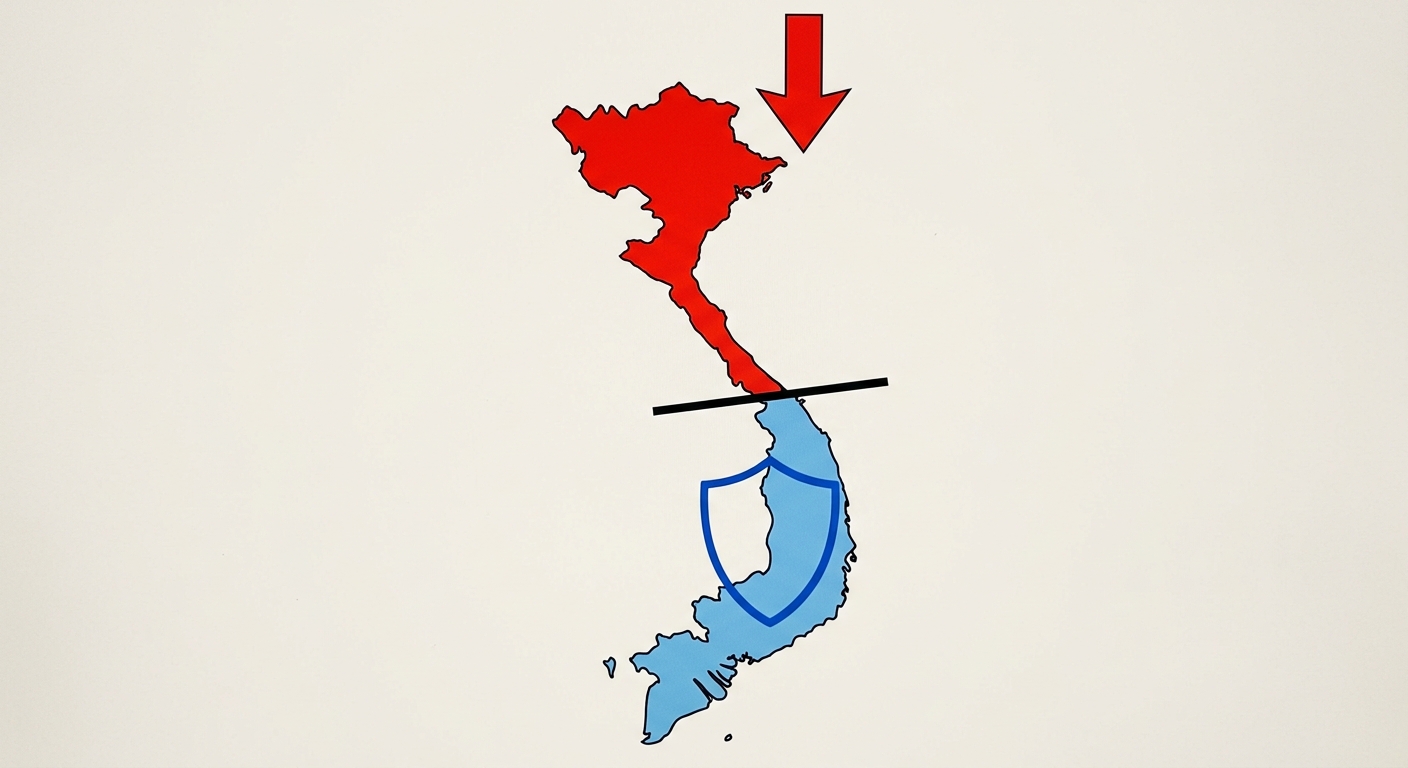 Carte schématique simplifiée du Vietnam divisé en deux parties haut et bas. La partie haute du Vietnam est coloriée en rouge vif. La partie basse est coloriée en bleu clair. Une ligne noire épaisse sépare horizontalement les deux parties. Au-dessus de la partie rouge, une grosse flèche rouge pointe vers le bas. Au-dessus de la partie bleue, un grand bouclier bleu est dessiné.