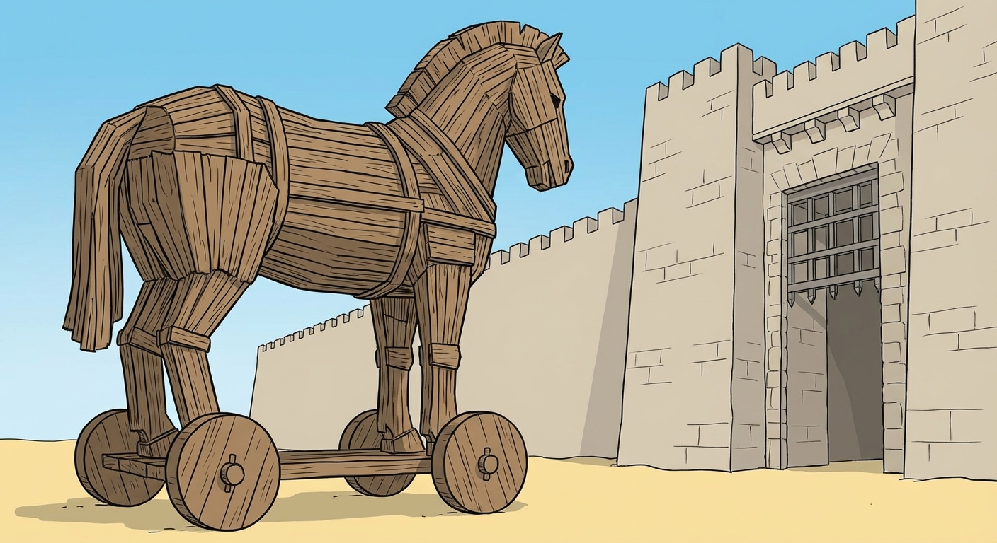 Illustration style dessin historique simple. Un immense cheval fait de planches de bois brut sur des roues en bois. Le cheval est posé devant une grande muraille de pierre avec une porte fortifiée. Ciel bleu, sol sableux.