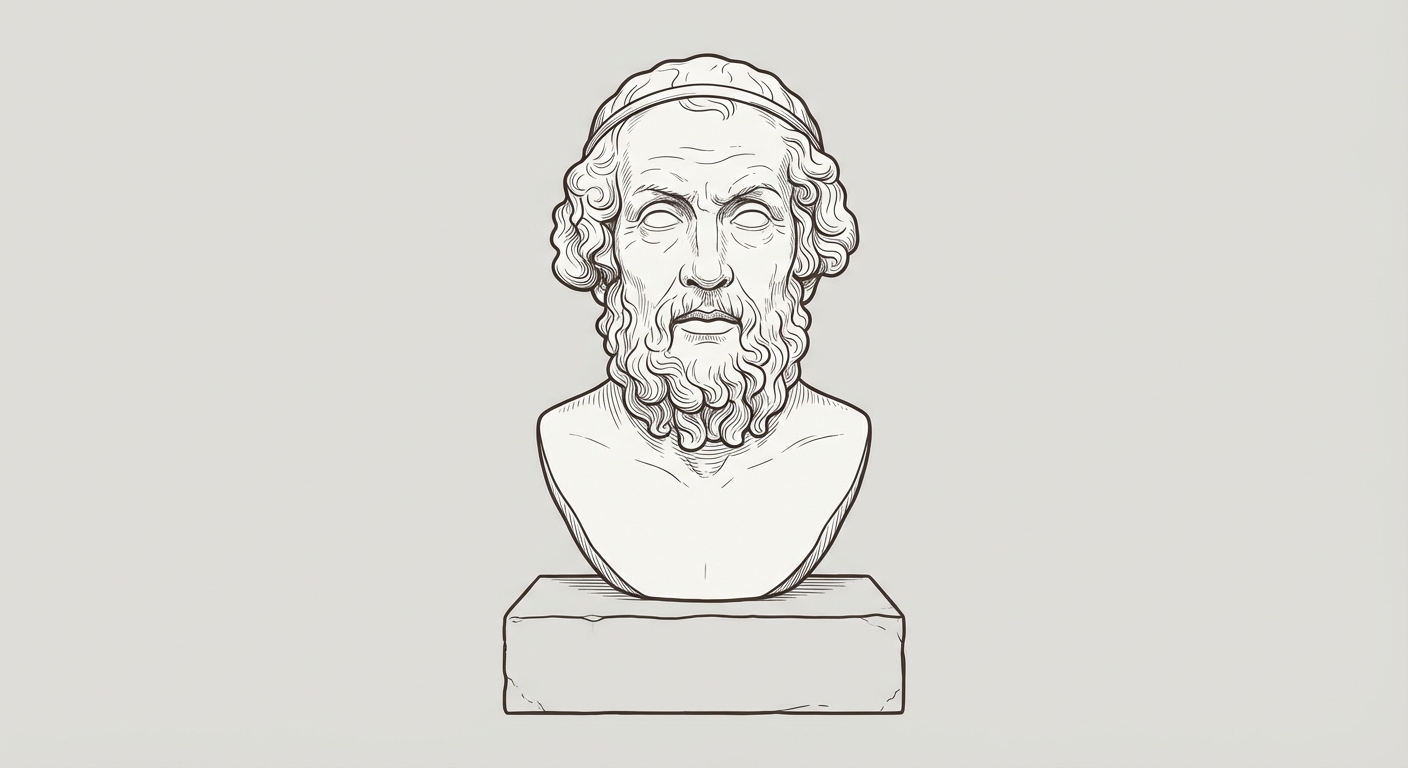 Buste en marbre blanc de style antique représentant Homère. C'est un vieil homme avec une barbe fournie et bouclée, les yeux clos ou vides pour symboliser la cécité, un bandeau simple dans les cheveux. Fond neutre gris clair.