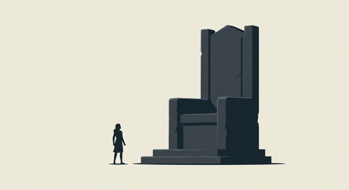 Dessin minimaliste. Une petite silhouette féminine déterminée fait face à un trône de pierre gigantesque et sombre. Contraste entre la fragilité humaine et la puissance de l'État.