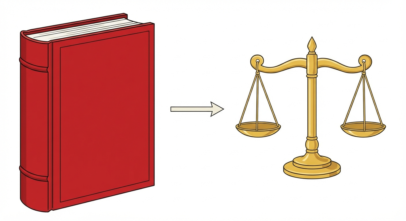 Illustration symbolique simple. À gauche, un gros livre de loi rouge et rigide. À droite, une balance de justice dorée équilibrée. Une flèche relie les deux pour montrer la comparaison.