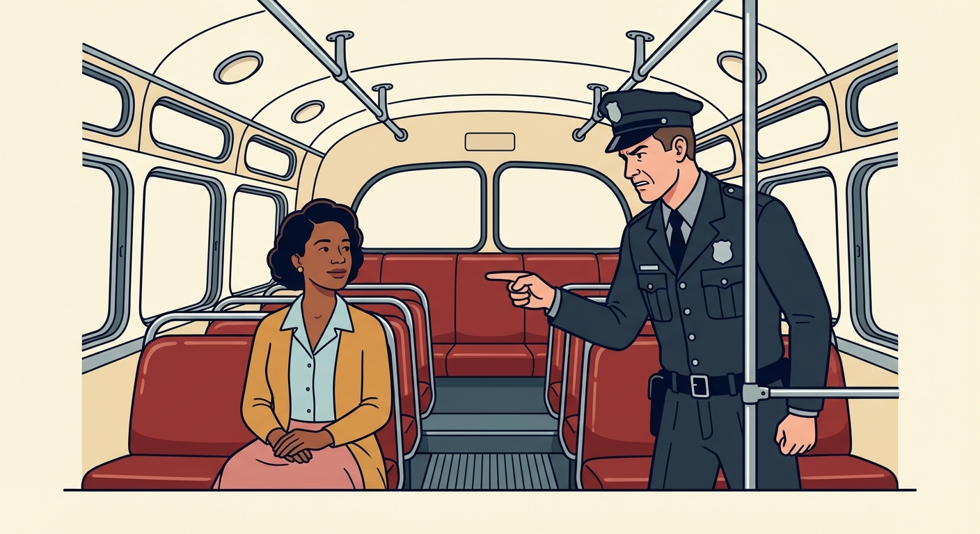 Illustration style vecteur plat moderne. Dans un bus des années 1950, une femme afro-américaine est assise paisiblement. Un policier la désigne du doigt. Contrastes de couleurs pour mettre en valeur le calme de la femme face à l'autorité.