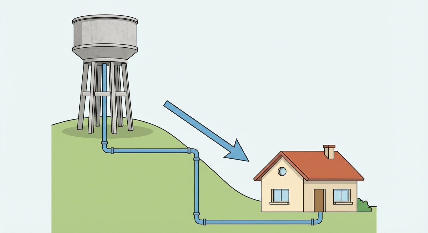 Dessin simple : un château d'eau en béton sur une colline à gauche. Un réseau de tuyaux bleus descend vers une maison en contrebas à droite. Une flèche montre le sens de l'eau.