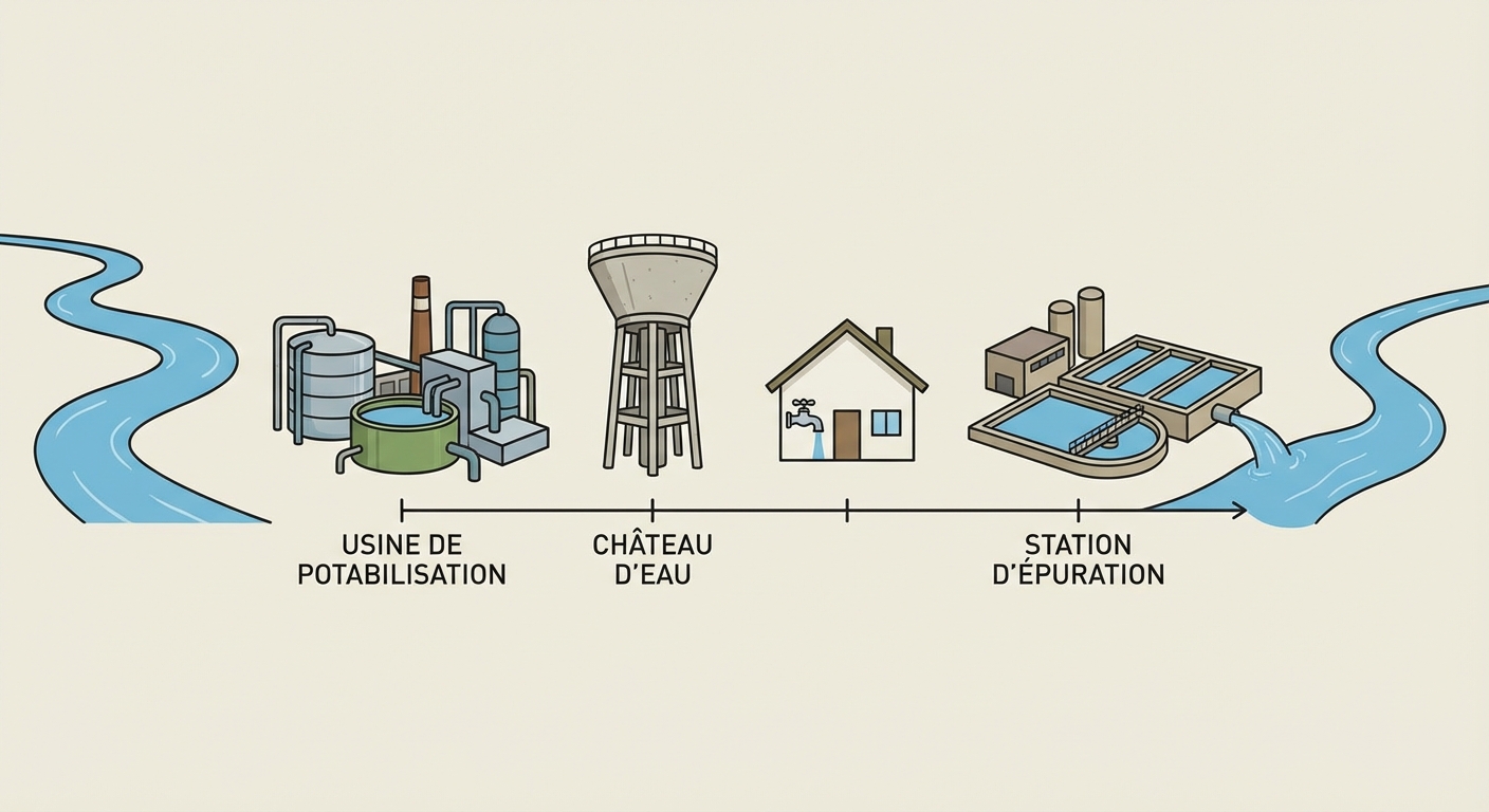 Frise chronologique horizontale simple. 1: Rivière. 2: Usine de potabilisation. 3: Château d'eau. 4: Maison. 5: Station d'épuration. 6: Retour à la rivière.