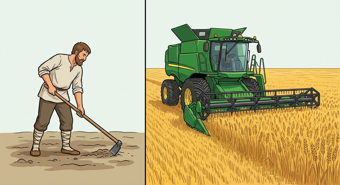 Image divisée en deux verticalement. À gauche : un paysan travaille la terre avec une houe manuelle, petit champ simple. À droite : un immense tracteur vert moderne moissonne un champ de blé gigantesque à perte de vue.