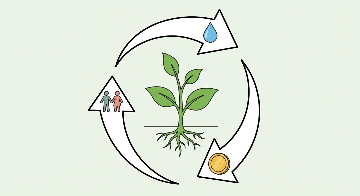 Un schéma simple avec une plante au centre. Trois flèches forment un cercle autour : une goutte d'eau (environnement), une pièce de monnaie (économie) et des personnages se tenant la main (social).