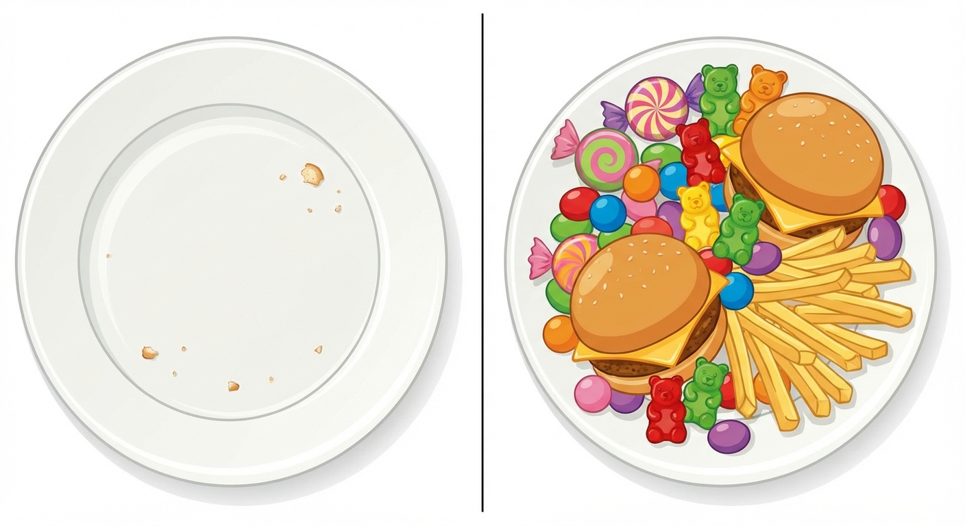 Dessin simple divisé en deux parties. À gauche, une assiette presque vide avec quelques miettes (sous-alimentation). À droite, une assiette trop pleine de bonbons et de burgers gras (malnutrition). Fond blanc.