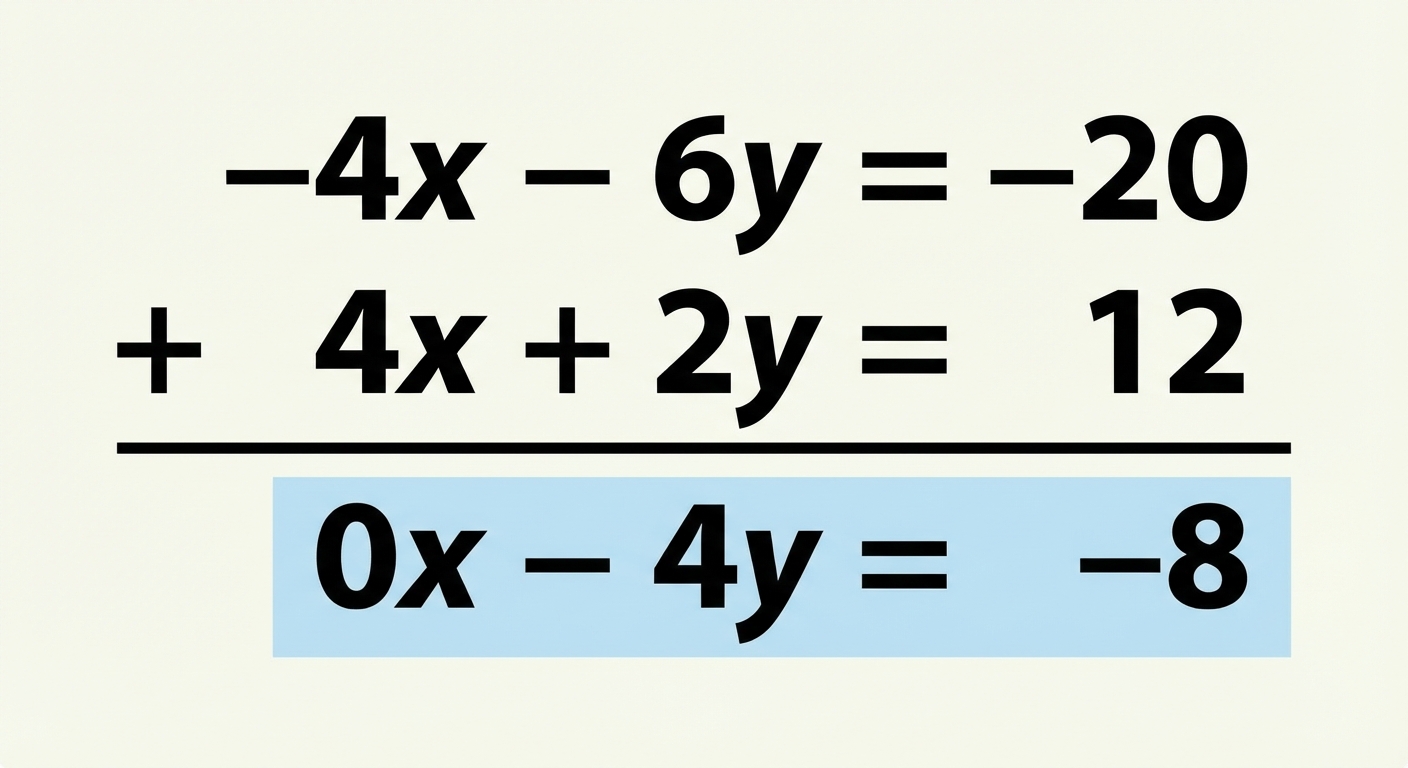 Schéma mathématique montrant l'addition posée de deux équations comme une addition à l'école primaire. La ligne '-4x - 6y = -20' est au-dessus de '4x + 2y = 12'. Un trait horizontal de somme, et en dessous le résultat '0x - 4y = -8' est mis en évidence.
