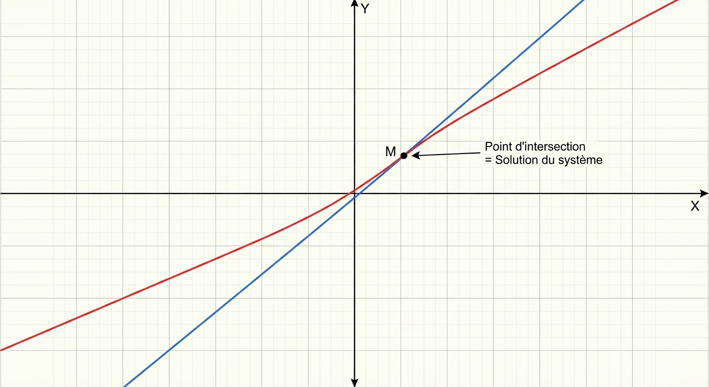 Graphique sur fond quadrillé. Deux droites de couleurs différentes (rouge et bleue) se coupent nettement en un point M. Une étiquette indique 'Point d'intersection = Solution du système'.
