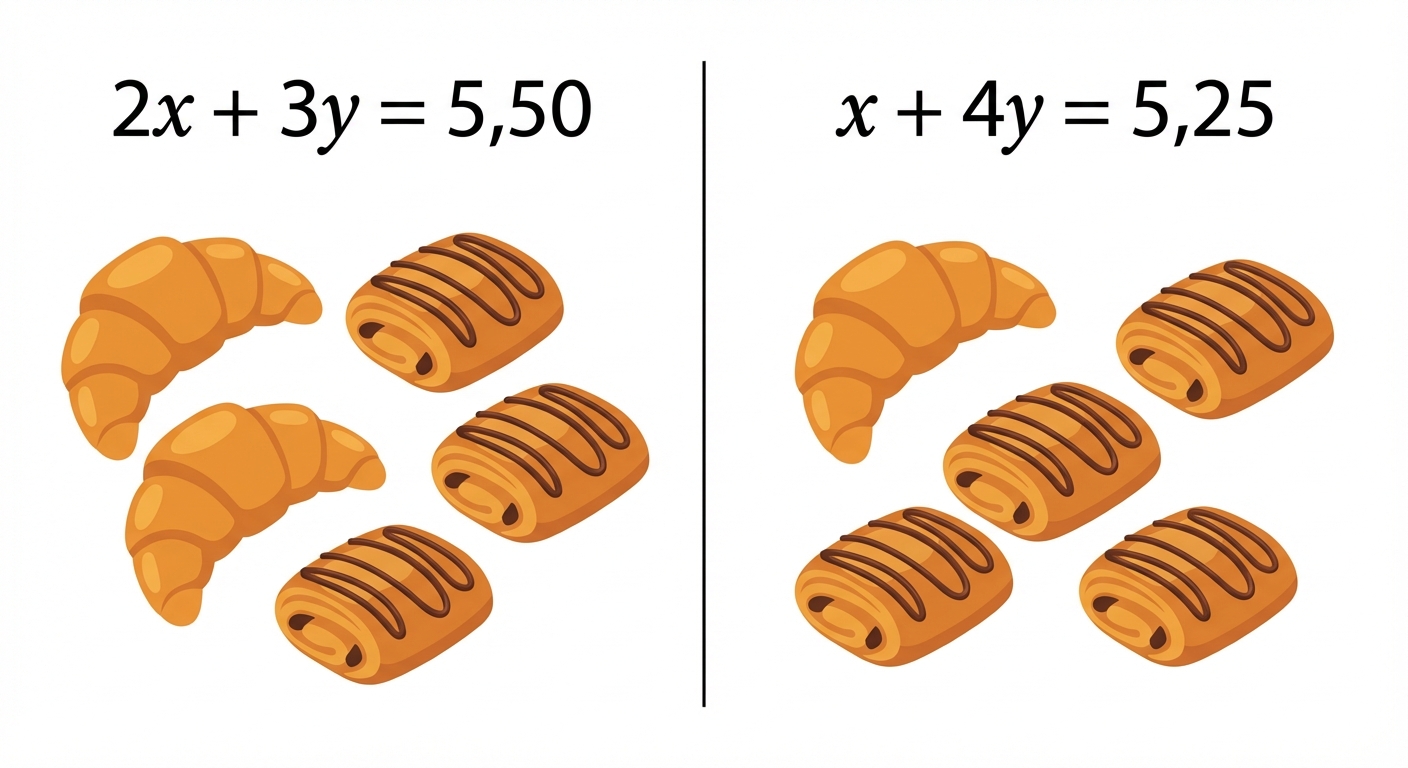 Illustration vectorielle simple style plat sur fond blanc. À gauche, l'équation '2x + 3y = 5,50' à côté de 2 croissants et 3 pains au chocolat. À droite, l'équation 'x + 4y = 5,25' à côté de 1 croissant et 4 pains au chocolat.