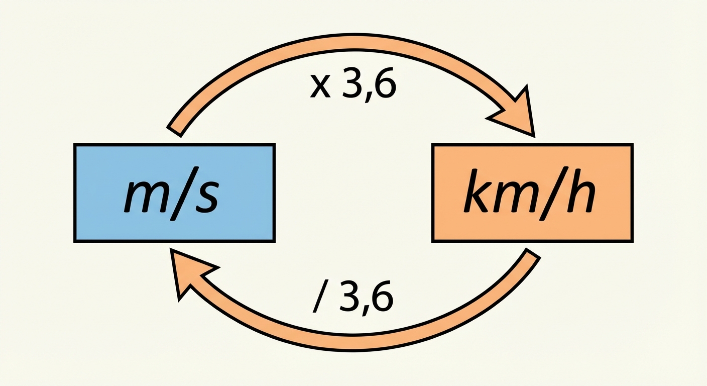 Schéma simple avec deux cases colorées. Une case 'm/s' à gauche, une case 'km/h' à droite. Une flèche courbe va de gauche à droite marquée 'x 3,6'. Une flèche courbe va de droite à gauche marquée '/ 3,6'.