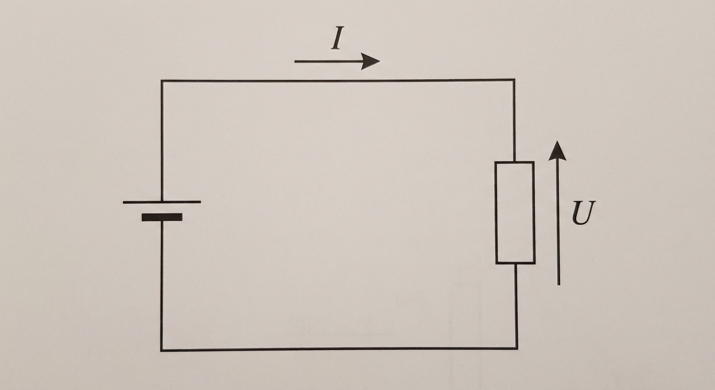 Schéma d'un circuit électrique très simple avec une pile et une résistance rectangulaire. Une étiquette indique U (tension) aux bornes de la résistance, I (courant) traversant le fil.