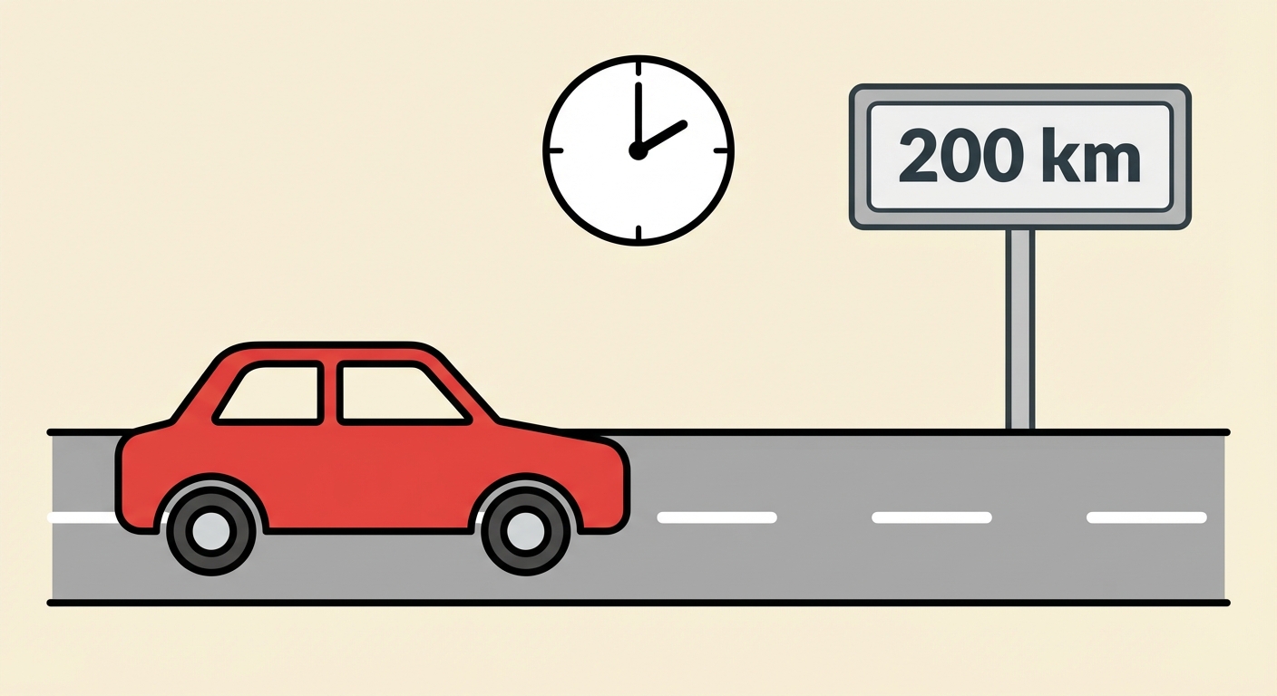 Illustration minimaliste d'une voiture rouge roulant sur une route droite. Une horloge indique 2 heures et un panneau routier indique 200 km.