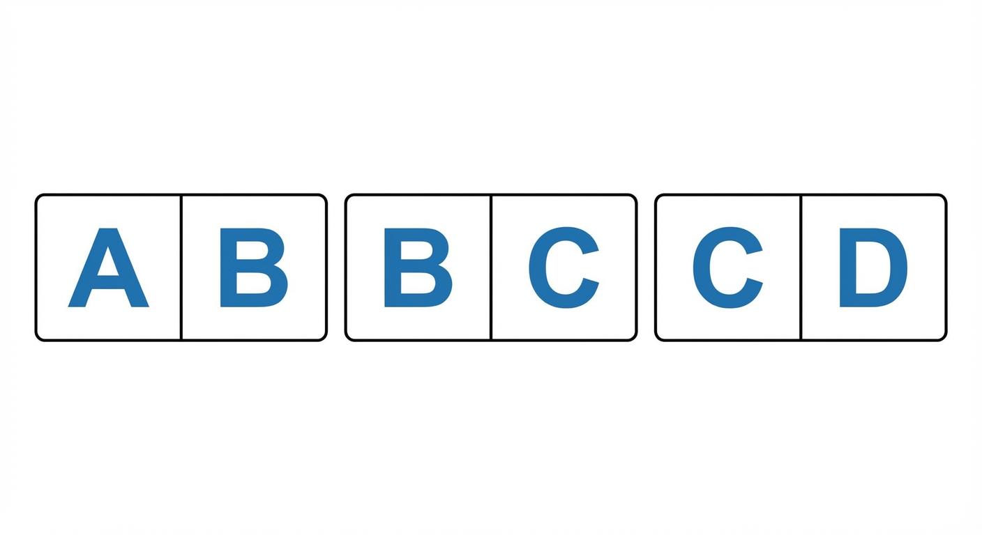 Dessin conceptuel style dominos. Trois pièces séparées. Pièce 1: gauche A, droite B. Pièce 2: gauche B, droite C. Pièce 3: gauche C, droite D. Elles sont alignées pour montrer l'enchaînement logique.