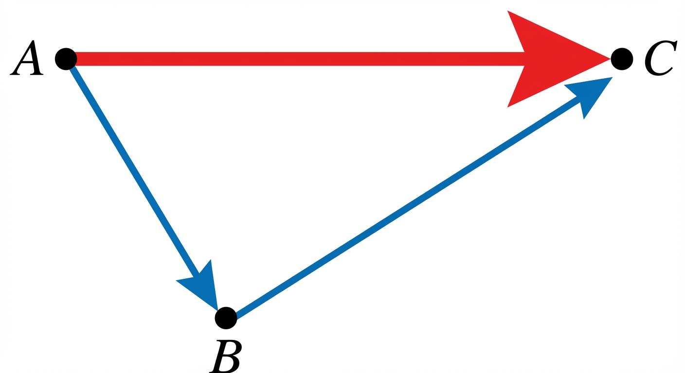 Schéma géométrique simple sur fond blanc. Trois points A, B et C non alignés formant un triangle. Une flèche bleue va de A vers B. Une flèche bleue va de B vers C. Une flèche rouge plus épaisse va directement de A vers C pour montrer la résultante.