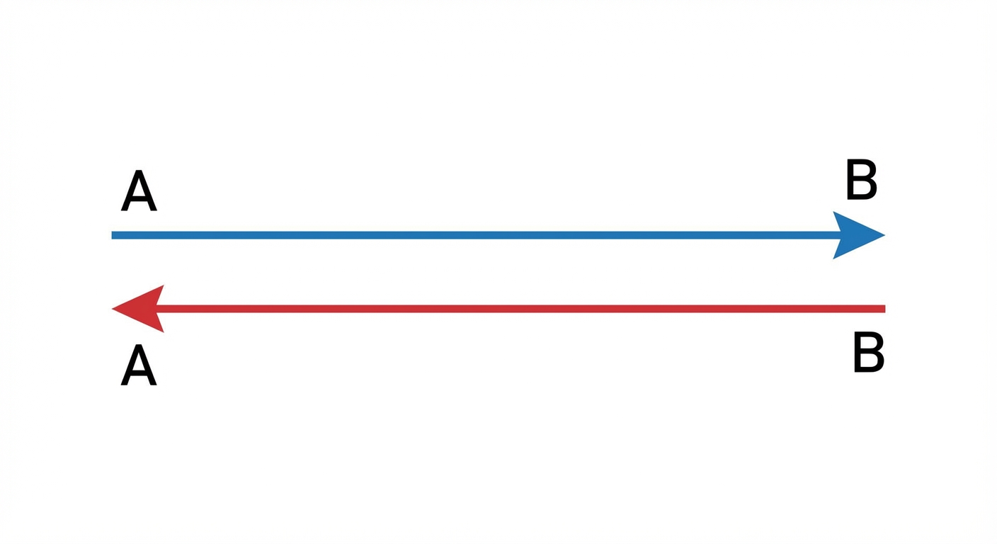 Schéma simple sur fond blanc. Deux vecteurs parallèles et de même longueur, l'un au-dessus de l'autre. Le vecteur du haut est bleu et pointe vers la droite (marqué AB). Le vecteur du bas est rouge et pointe vers la gauche (marqué BA).