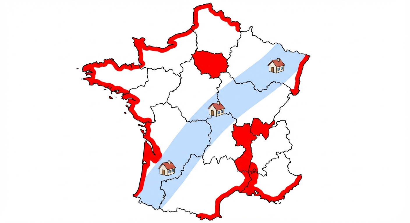 Dessin simple vue de face d'une carte de la France métropolitaine. La région parisienne, la vallée du Rhône et les côtes maritimes sont coloriées en rouge vif. Une large bande centrale allant du nord-est au sud-ouest est coloriée en bleu pâle avec trois petites maisons isolées dessinées dessus. Le fond de l'image est entièrement blanc.