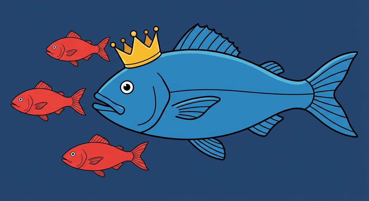 Dessin simple : un très gros poisson bleu avec une couronne sur la tête barre la route à trois petits poissons rouges qui essaient de passer. Fond bleu marine.