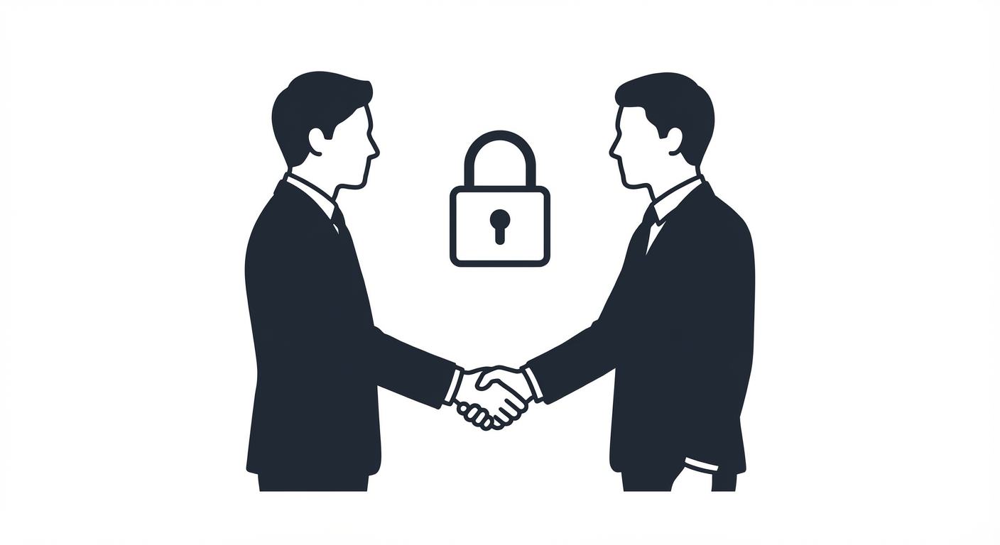 Illustration style icône : deux silhouettes d'hommes d'affaires en costume sombre se serrant la main discrètement, avec un symbole de cadenas fermé au-dessus de leurs mains. Fond blanc.