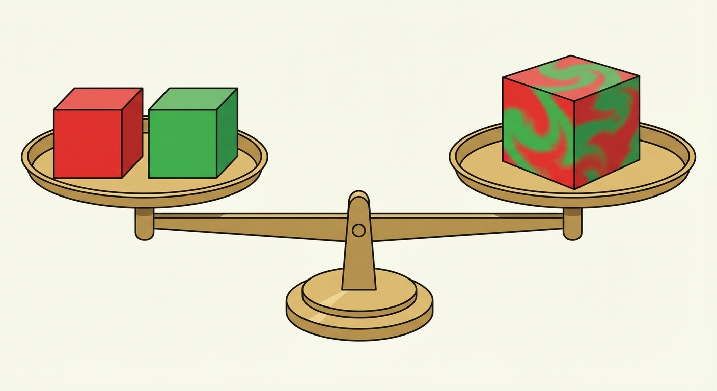 Illustration d'une balance à deux plateaux. Sur le plateau de gauche, deux cubes séparés (un rouge, un vert). Sur le plateau de droite, un gros cube unique mélangeant rouge et vert. La balance est à l'équilibre.