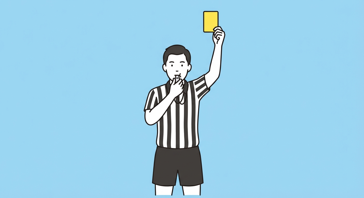 Dessin vectoriel simple : un arbitre de sport en tenue rayée noir et blanc, sifflant dans un sifflet, brandissant un carton jaune. Fond uni bleu clair.