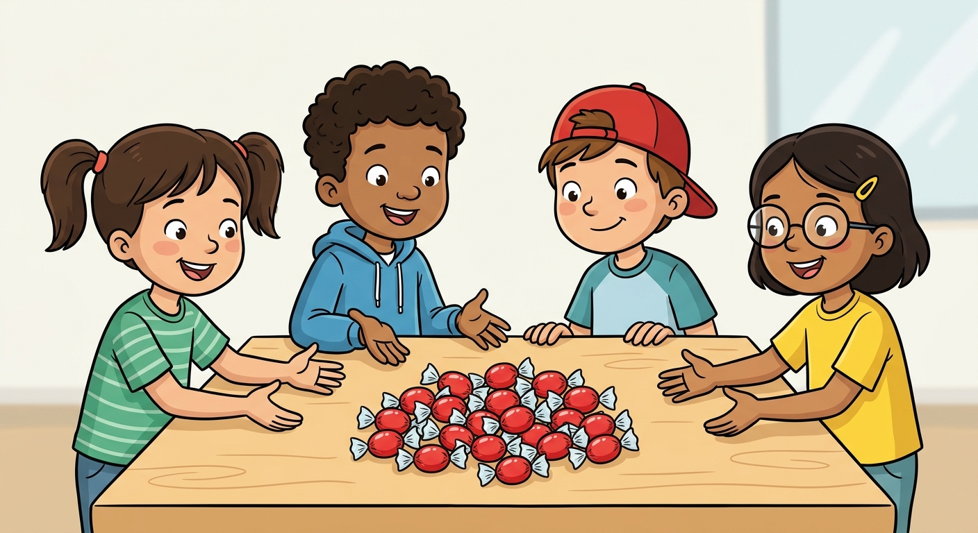 Illustration colorée style dessin animé. Sur une table en bois, un tas de 23 bonbons rouges. Autour de la table, 4 enfants joyeux attendent avec les mains ouvertes. Aucun texte.