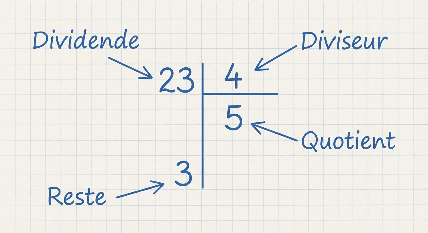 Schéma simple d'une division posée (potence) sur un cahier à carreaux. À gauche le nombre 23 (dividende), à droite dans la potence le nombre 4 (diviseur). Sous le diviseur, le nombre 5 (quotient). En bas de la colonne de gauche, le nombre 3 (reste). Des flèches indiquent les noms : Dividende, Diviseur, Quotient, Reste.