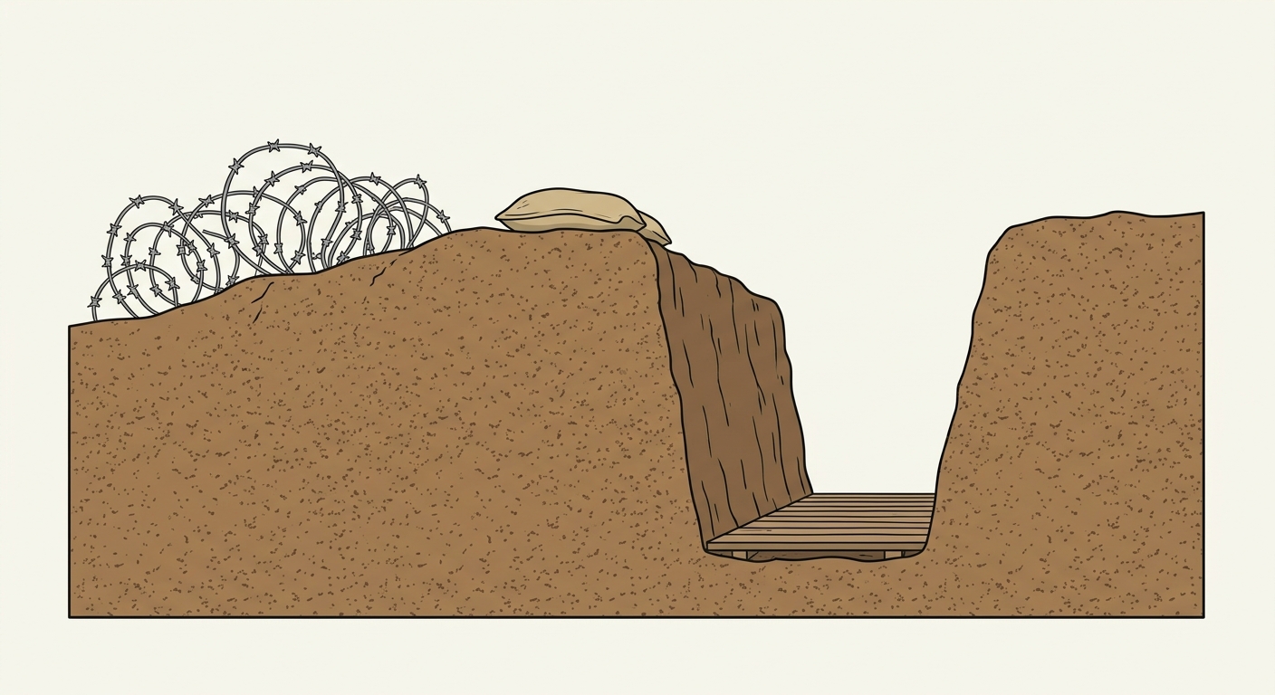 Schéma en coupe d'une tranchée vue de côté. Un fossé creusé dans la terre marron, profond de deux mètres. Sur le bord haut à gauche, des fils de fer barbelés gris enchevêtrés. Au fond, des planches de bois au sol. Un sac de sable beige posé sur le parapet.
