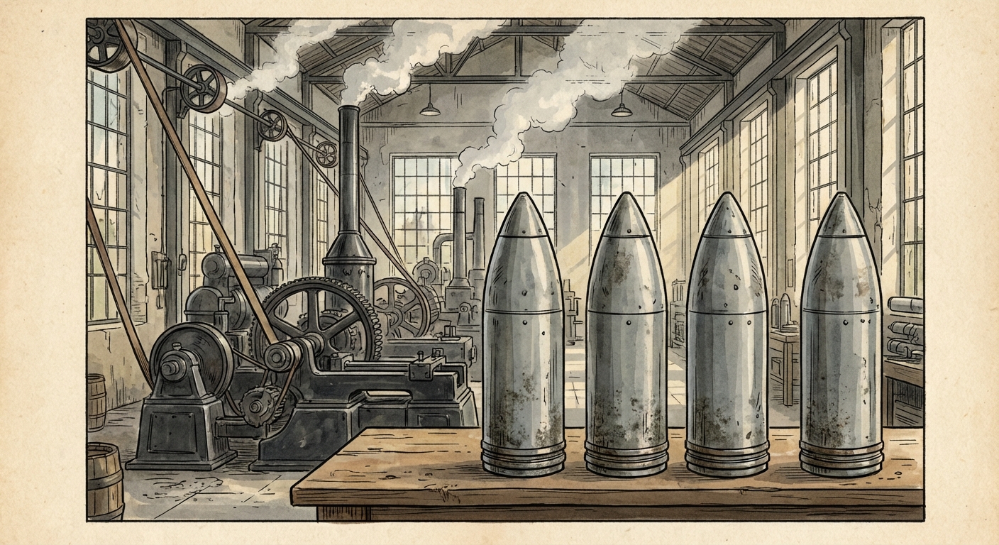 Dessin réaliste d'une usine en 1915. Au premier plan, une rangée de quatre obus métalliques gris posés verticalement sur un établi. À l'arrière-plan, des machines industrielles noires et de la vapeur. Pas de texte.