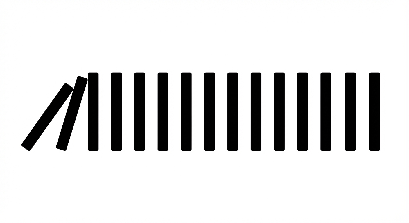 Dessin vectoriel minimaliste sur fond blanc. Une longue file de dominos rectangulaires noirs espacés régulièrement. Le tout premier domino à gauche est en train de basculer et pousse le deuxième. Les dominos suivants sont encore debout.