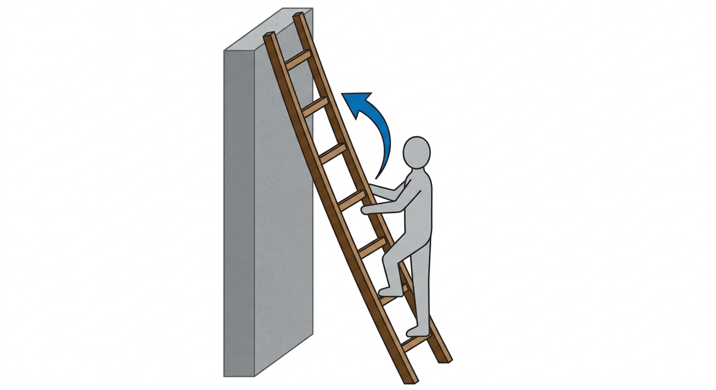 Illustration style schéma simple. Une échelle posée contre un mur. Un personnage stylisé est debout sur la première marche en bas. Une flèche courbe montre le mouvement possible d'une marche n vers la marche n+1.