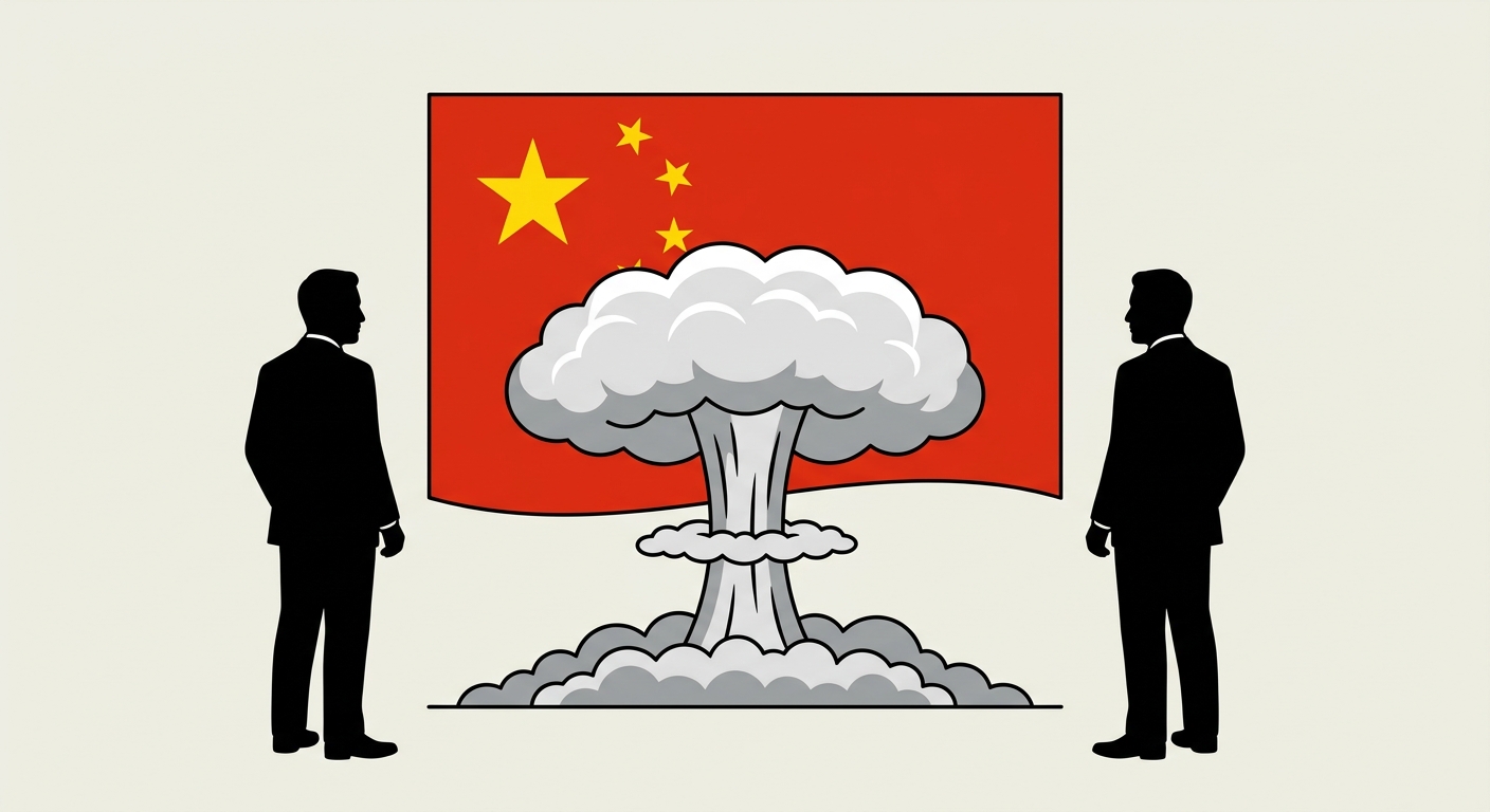 Dessin stylisé vue de face. Au centre, un grand nuage en forme de champignon atomique gris et blanc. En arrière-plan derrière le champignon, un grand drapeau rouge avec une grande étoile jaune et quatre petites étoiles jaunes en arc de cercle. A gauche et à droite du nuage, deux silhouettes noires d'hommes en costume qui regardent l'explosion. Fond clair.