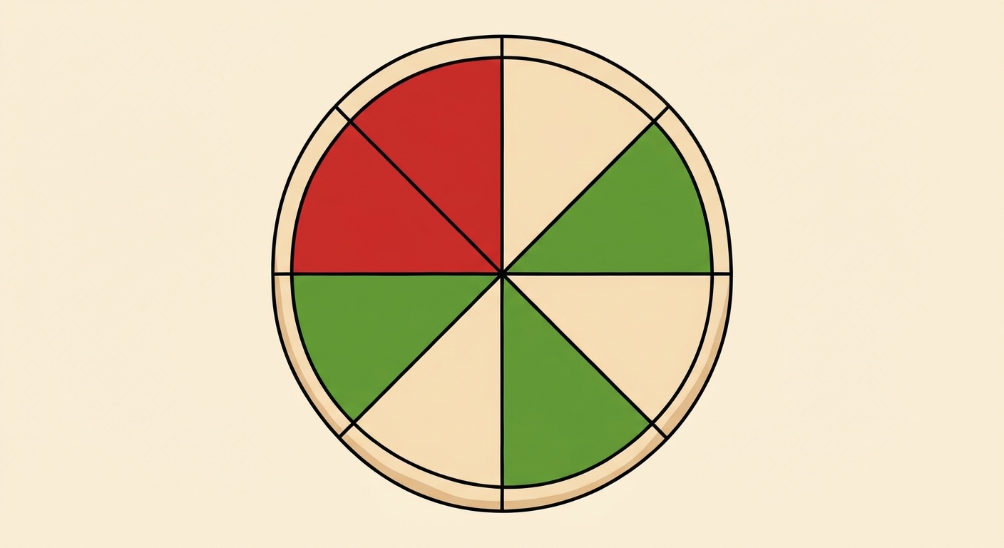 Dessin simple vue de dessus : une pizza ronde divisée en 8 parts triangulaires égales. 2 parts sont coloriées en rouge et 3 parts sont coloriées en vert. Le reste est couleur pâte.