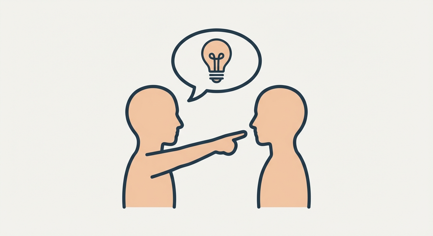 Dessin vectoriel simple. Deux silhouettes de profil se font face. La silhouette de gauche pointe son doigt agressivement vers le visage de la silhouette de droite, ignorant totalement la bulle de dialogue contenant une idée au-dessus d'eux.