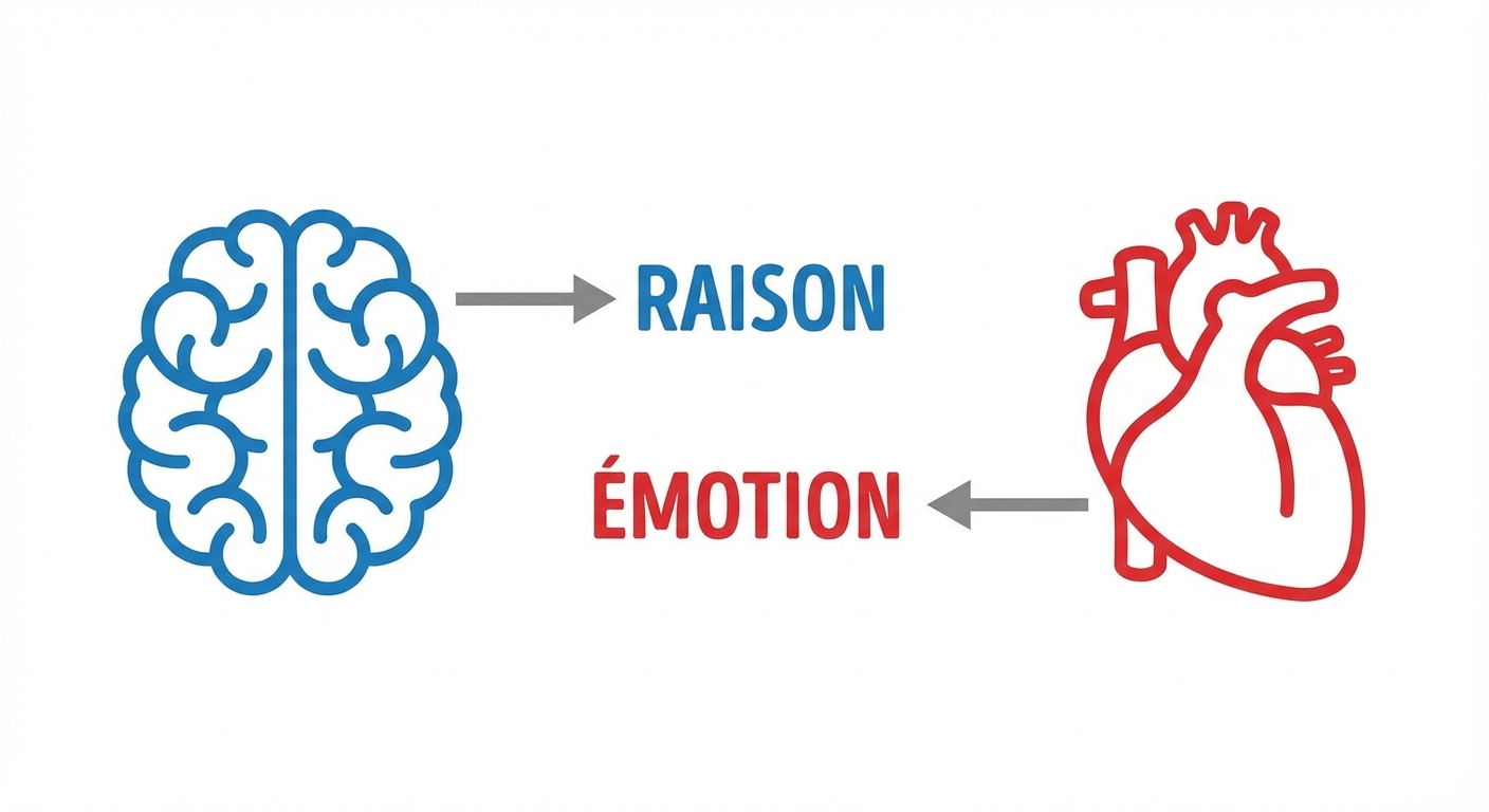 Illustration style icône simple à plat sur fond blanc. À gauche, un cerveau bleu schématique représentant la logique. À droite, un cœur rouge schématique représentant l'émotion. Une flèche grise pointe du cerveau vers le mot RAISON, et une autre du cœur vers le mot ÉMOTION.
