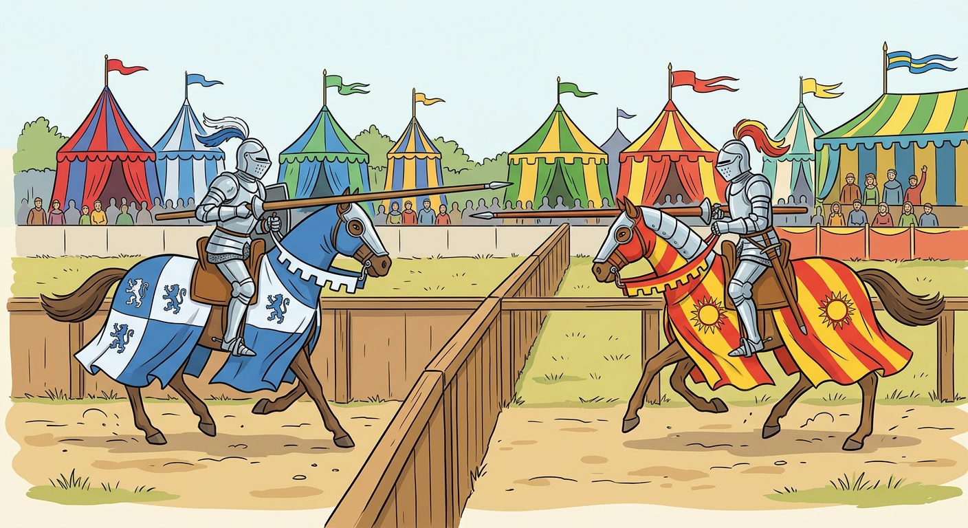 Illustration colorée d'un tournoi médiéval. Deux chevaliers à cheval galopent l'un vers l'autre avec des lances horizontales. Une barrière en bois sépare leurs pistes. Des tentes colorées sont visibles en arrière-plan.