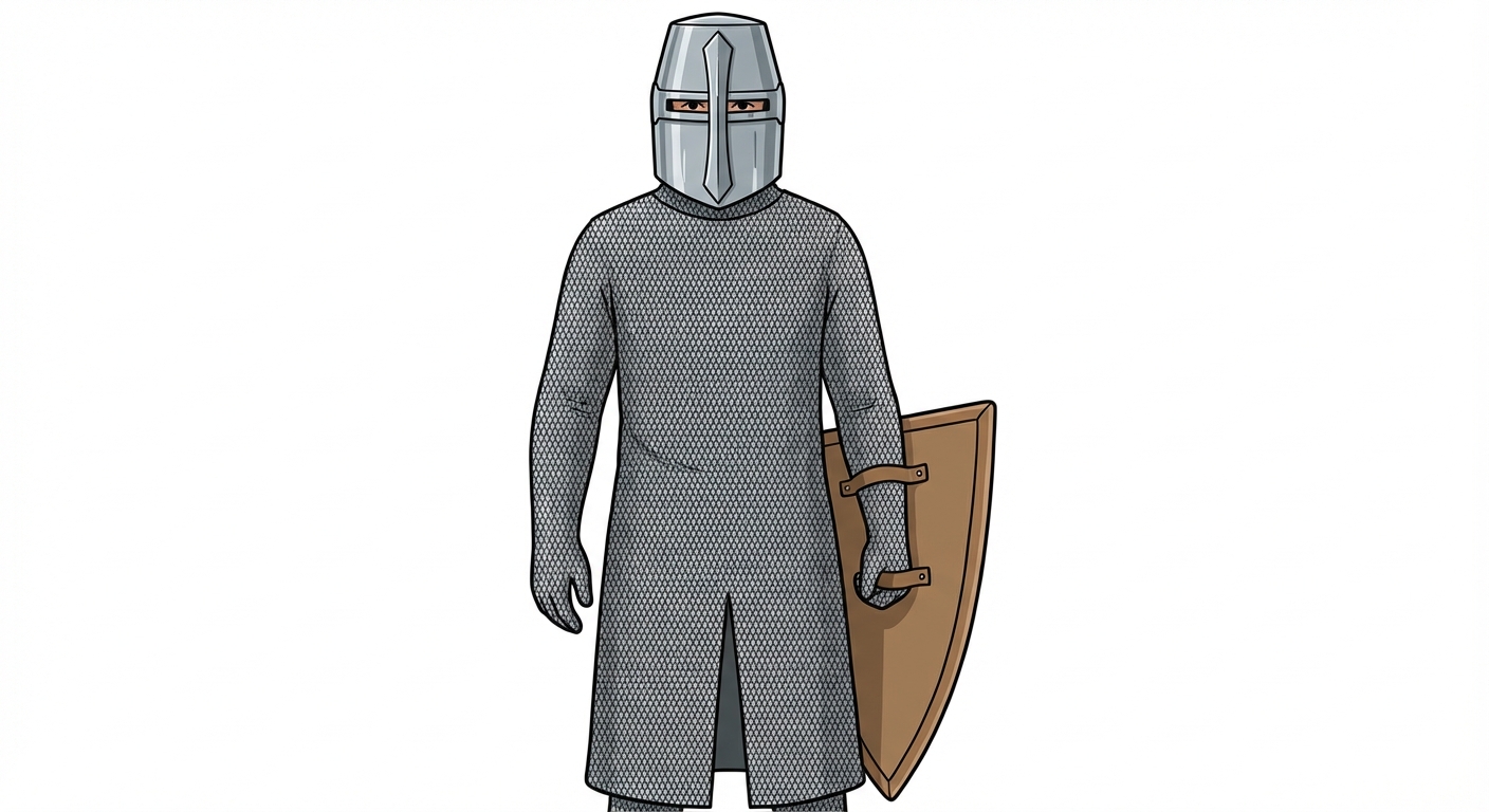 Dessin pédagogique simple d'un chevalier médiéval en armure, vu de face sur fond blanc. Il porte un grand casque fermé (heaume), une tunique en mailles métalliques (haubert) et tient un bouclier triangulaire (écu) dans la main gauche.