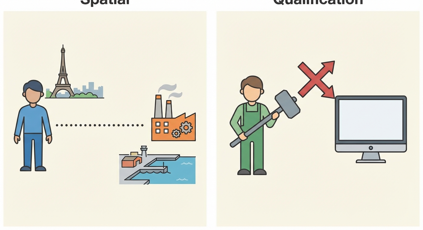 Illustration divisée en deux. Gauche (Spatial) : un personnage à Paris et une usine à Marseille, séparés par une distance. Droite (Qualification) : un personnage tenant un marteau face à un ordinateur, montrant que la compétence ne correspond pas au besoin. Style plat et coloré.