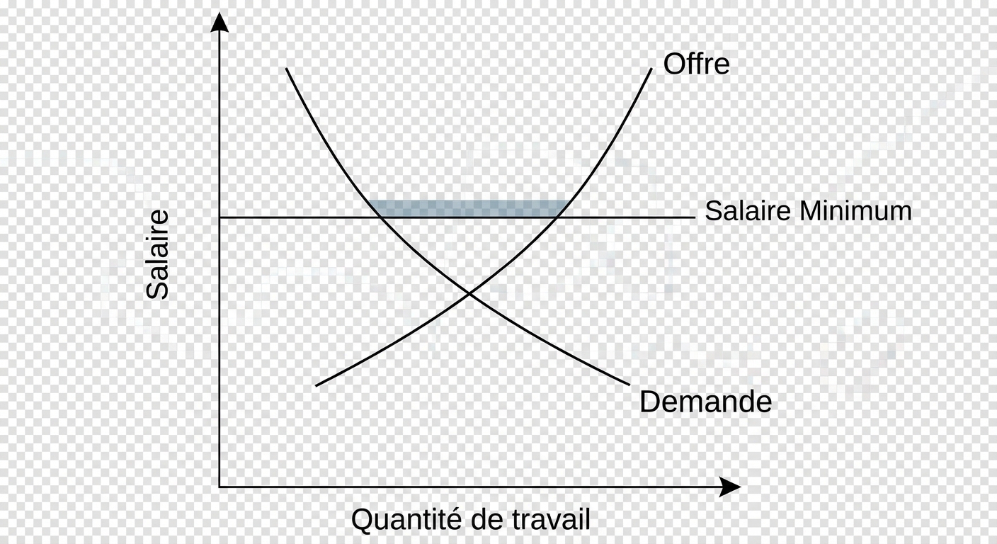 Graphique Offre et Demande simple. Axe vertical : Salaire. Axe horizontal : Quantité de travail. Les courbes se croisent au centre. Une ligne horizontale 'Salaire Minimum' est tracée AU-DESSUS du croisement. L'écart entre l'offre (plus grande) et la demande (plus petite) est surligné.