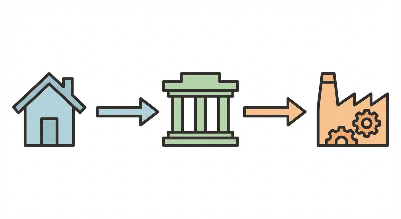 Schéma simple en 2D. À gauche, une icône de maison (Ménage) dépose de l'argent vers une icône centrale de bâtiment (Banque). À droite, l'icône Banque prête de l'argent à une icône d'usine (Entreprise). Des flèches simples montrent le circuit de l'argent.
