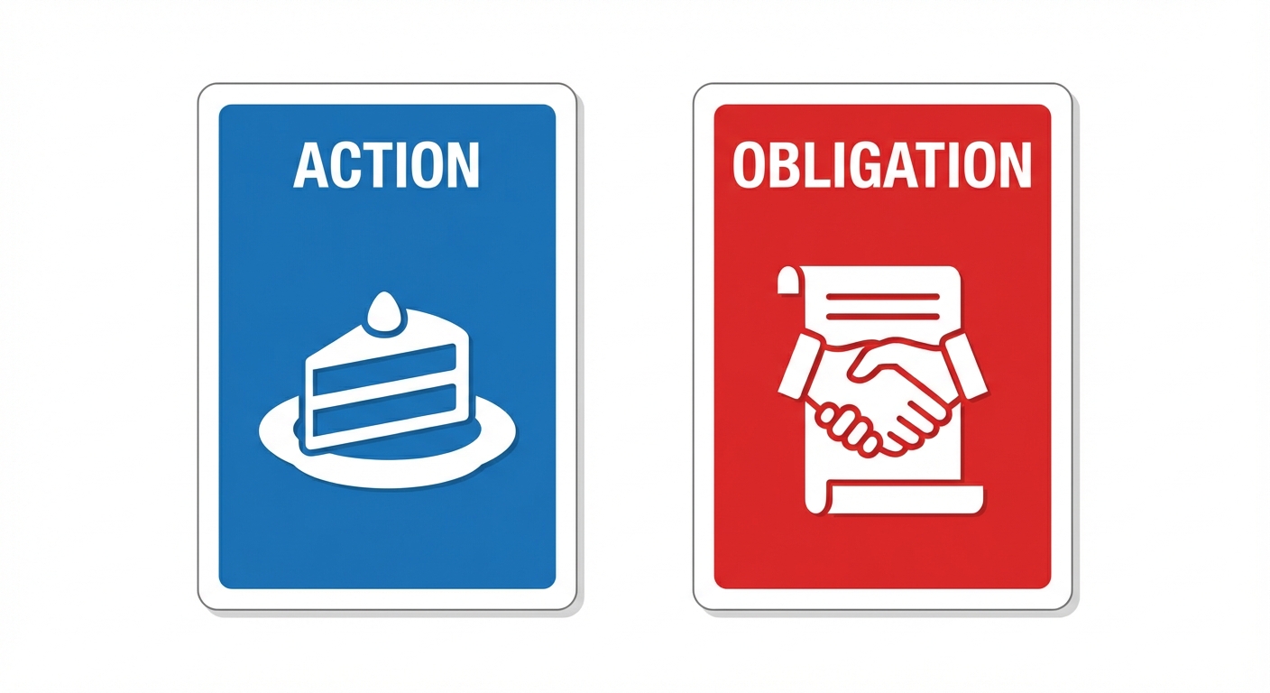 Deux rectangles côte à côte style cartes de jeu. Carte gauche bleue 'ACTION' avec icône de part de gâteau (propriété). Carte droite rouge 'OBLIGATION' avec icône de contrat ou poignée de main (prêt). Fond blanc épuré.