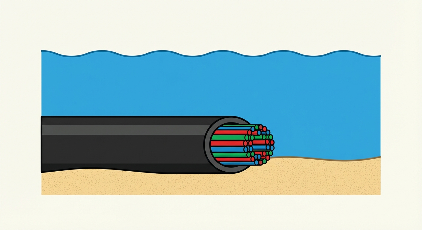 Schéma pédagogique simple en coupe : on voit la surface de la mer bleue, et tout au fond sur le sable, un gros câble noir cylindrique posé. À l'intérieur du câble coupé, on distingue plusieurs petits fils de couleurs vives (rouge, vert, bleu).