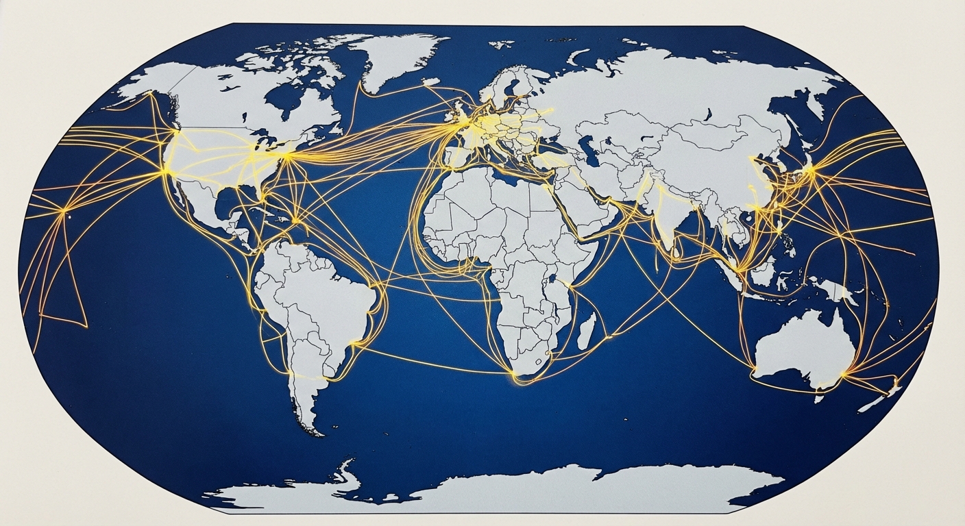 Planisphère du monde sur fond bleu foncé. Les continents sont en gris clair. Des centaines de lignes fines et lumineuses (jaunes et oranges) relient les continents en passant par les océans, montrant les connexions entre l'Europe, les États-Unis et l'Asie.