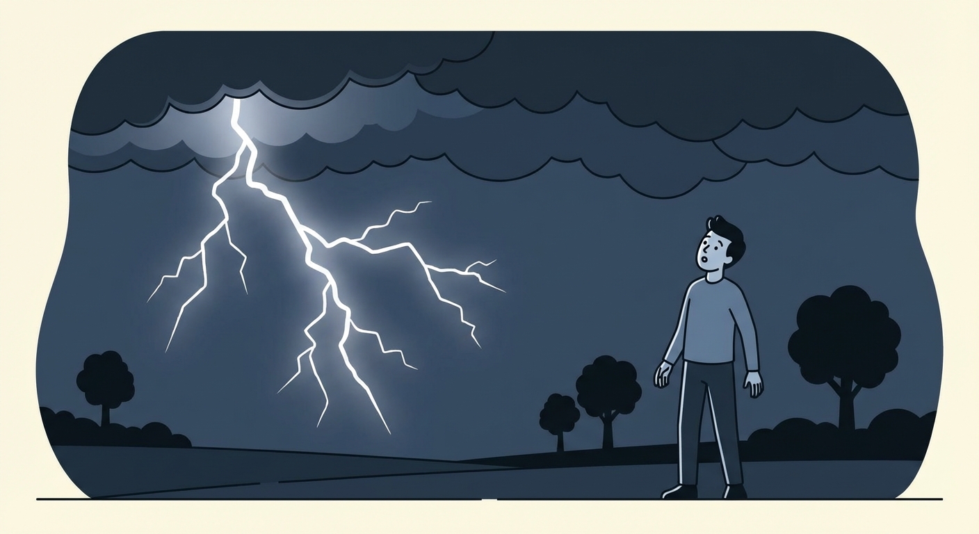 Paysage nocturne sous un orage. Un éclair brillant traverse le ciel sombre à gauche. À droite, un personnage regarde l'éclair, sans encore se boucher les oreilles, pour illustrer le décalage entre la vue et le son.