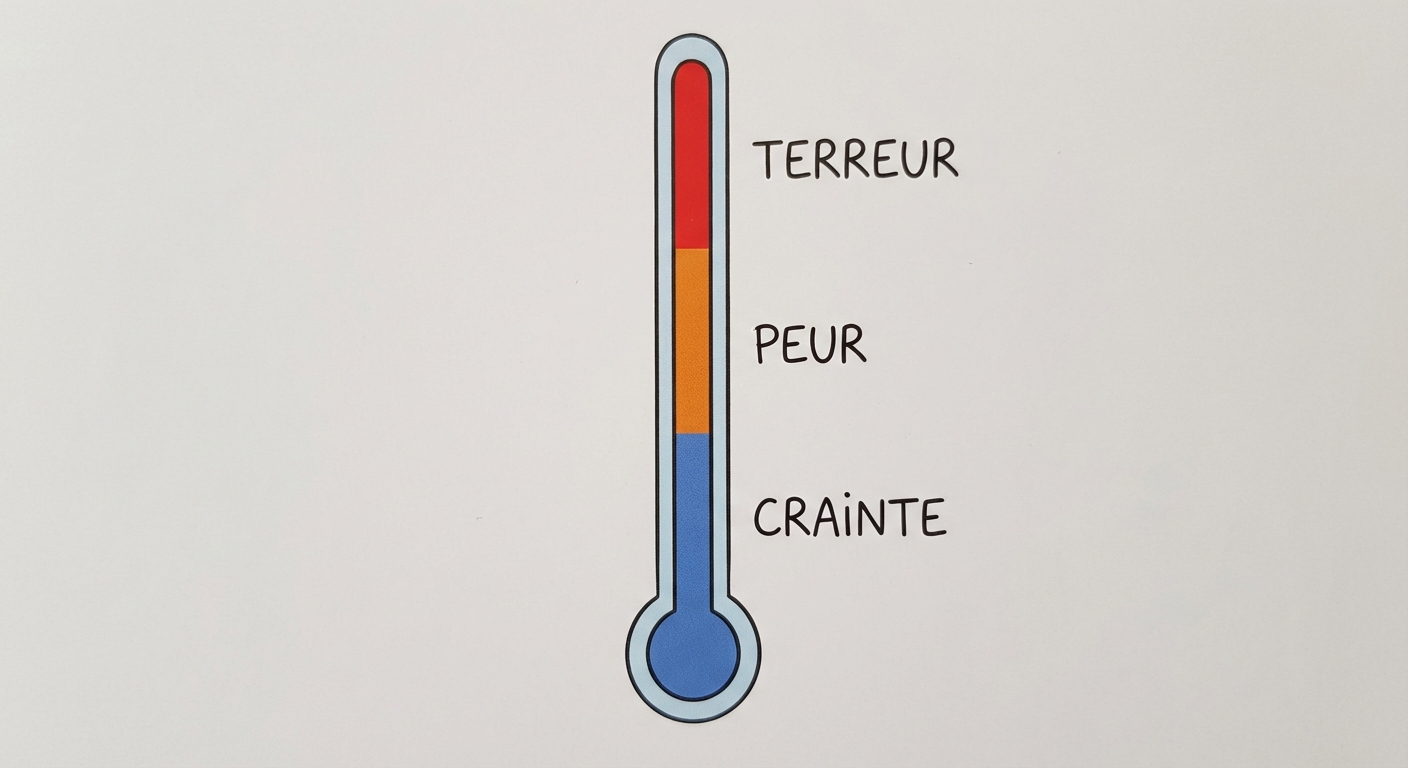 Un dessin simple d'un thermomètre vertical. Le bas du thermomètre est bleu, le milieu est orange, le haut est rouge vif. À côté de la partie bleue, il est écrit le mot 'CRAINTE'. À côté de la partie orange, 'PEUR'. À côté de la partie rouge tout en haut, 'TERREUR'. Fond blanc.