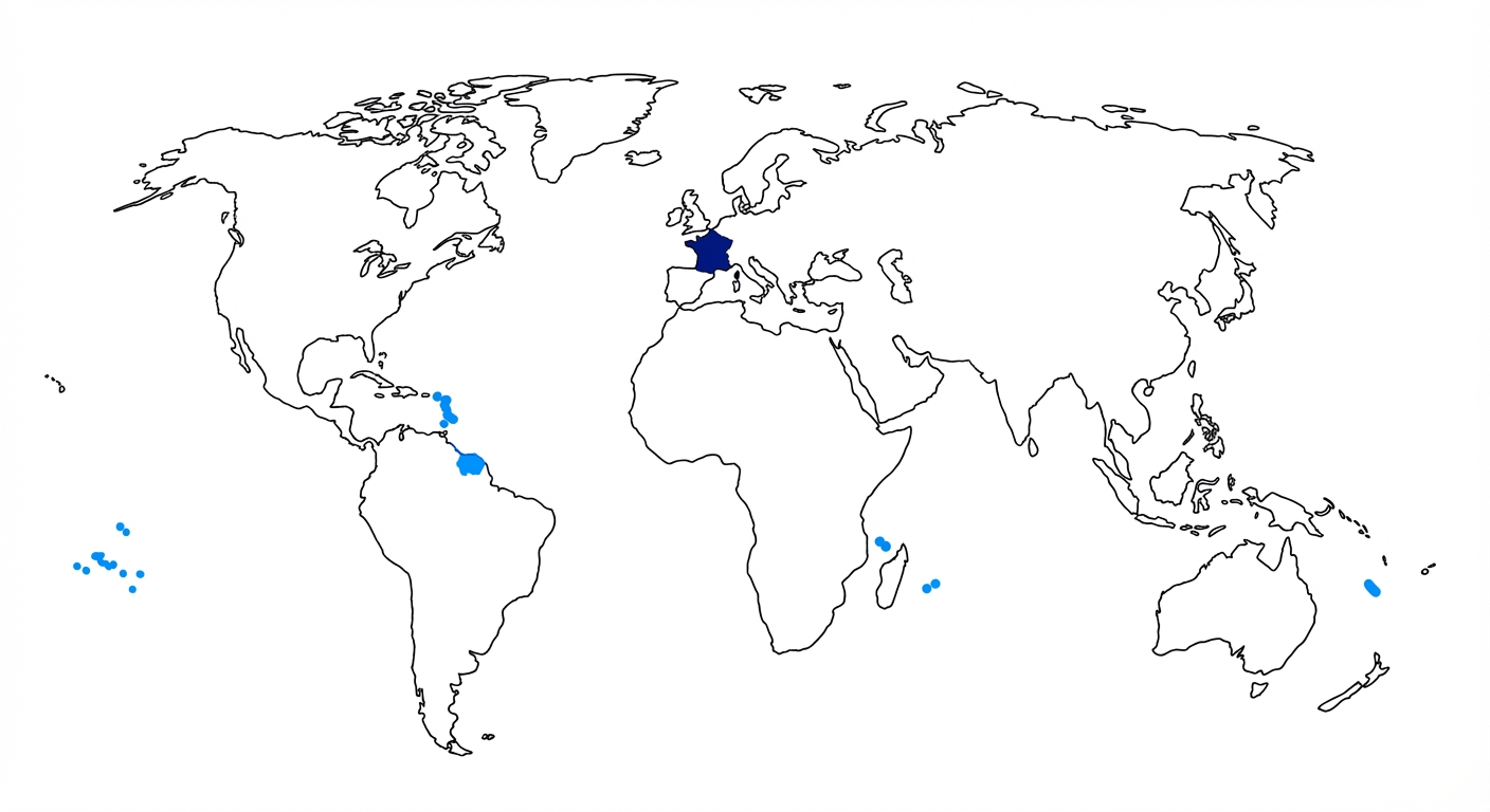 Carte du monde simplifiée sur fond blanc. La France métropolitaine est en bleu foncé. Les territoires ultramarins sont marqués en bleu vif : Antilles (Guadeloupe/Martinique), Guyane, La Réunion, Mayotte, Nouvelle-Calédonie, Polynésie. Pas de texte.